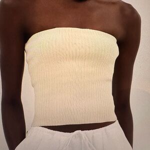 DISSH Cream Ribbed Strapless Tube Crop Top